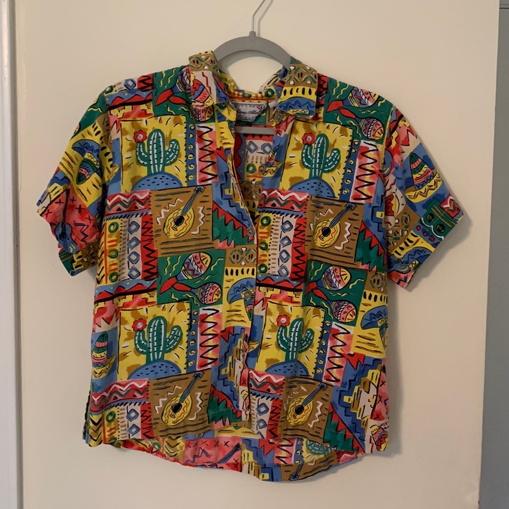 Vintage Vibrant Multi-Color Short-Sleeve Blouse Medium